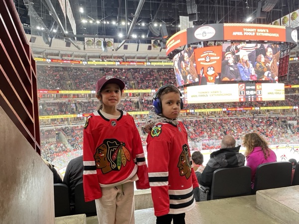 Isaiah and Marley at the first Hawks vs Devils game.